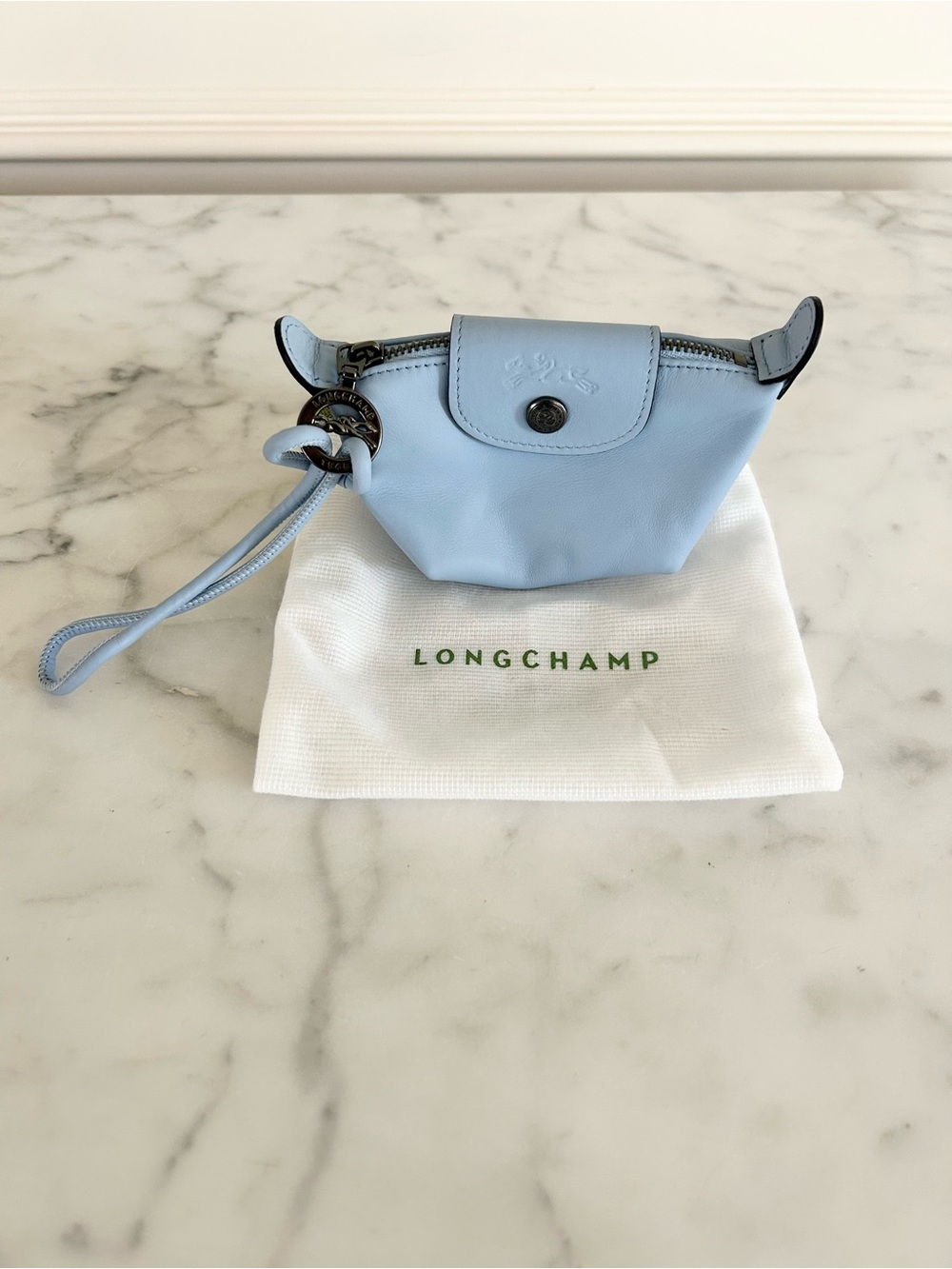 Longchamp Leather NWOT HTF Mini Le Pliage Xtra Coin Purse Wristlet in Wave Blue